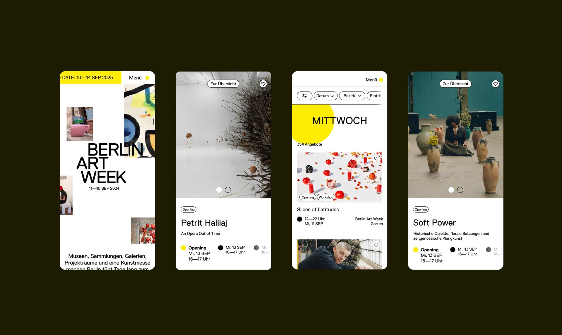 Vier mobile Layouts für die Berlin Art Week, die unterschiedliche Veranstaltungen und Themen präsentieren.