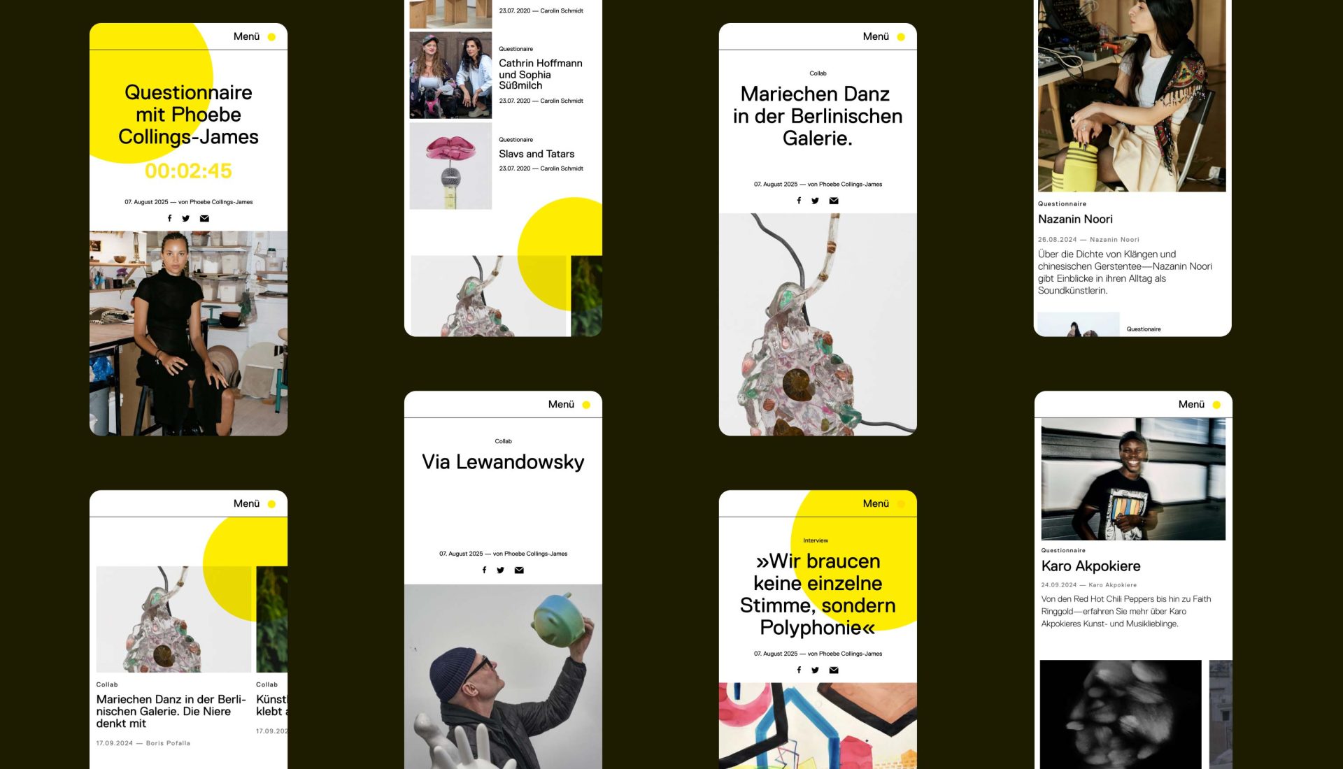 Mobile Bildschirmansichten mit Kunst- und Kulturinfos, buntem Design und kreativen Layouts.