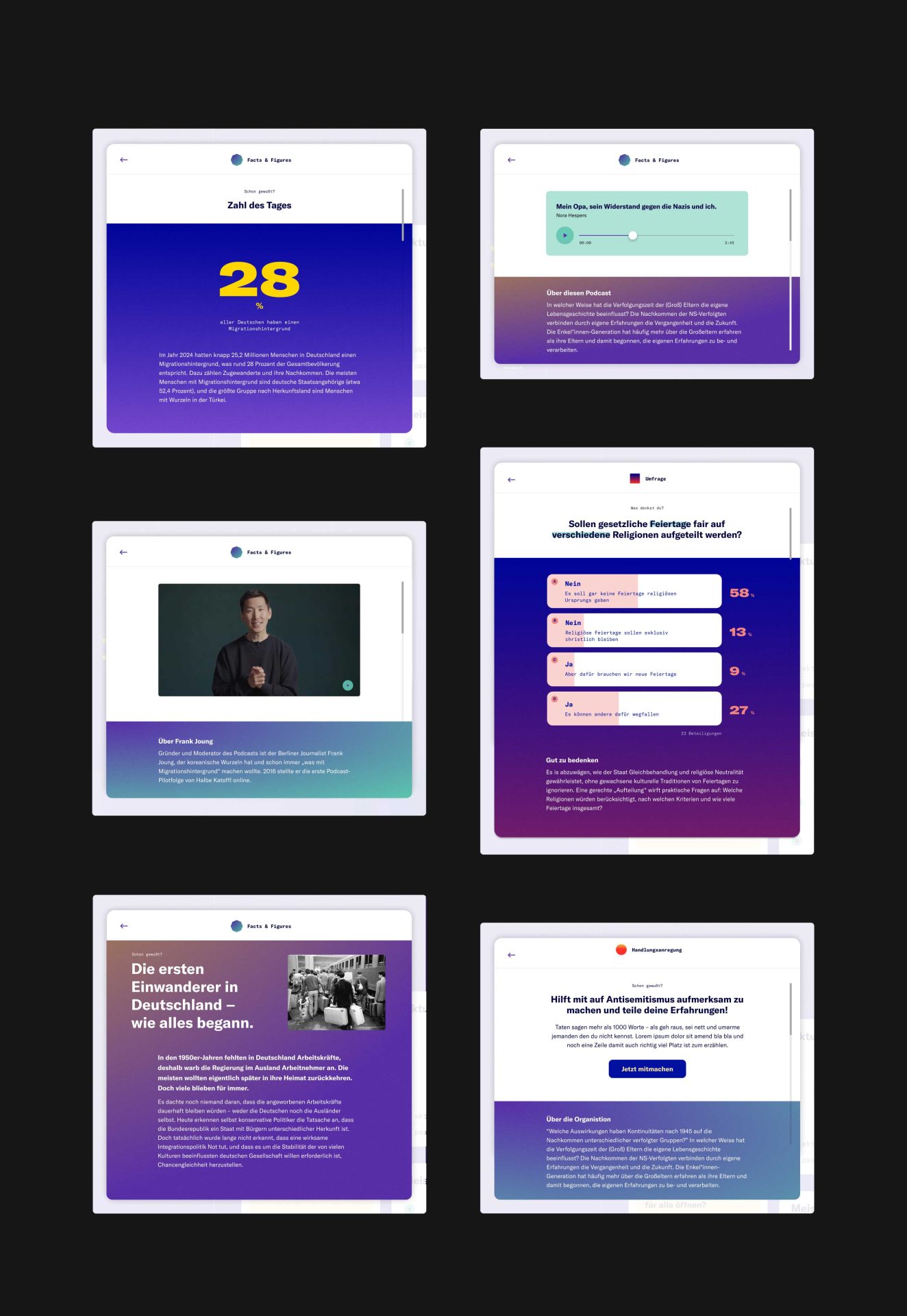 Screenshots einer Website mit Podcasts, Statistiken und Umfragen zu gesellschaftlichen Themen in modernem Design.