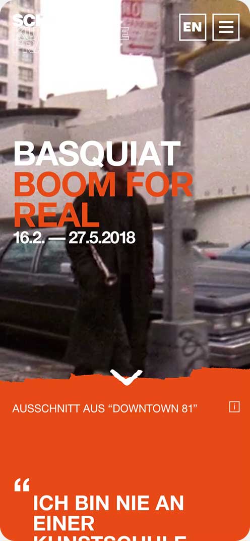 Event-Ankündigung für die Ausstellung "Basquiat: Boom for Real" mit Terminen und einem Zitat.
