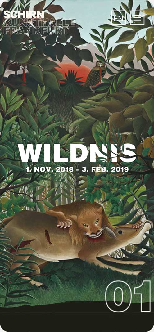 Illustration eines Kunstwerks mit dem Titel "WILDNIS" in üppigem Dschungel. Ausstellung: 1. Nov. 2018 - 3. Feb. 2019.