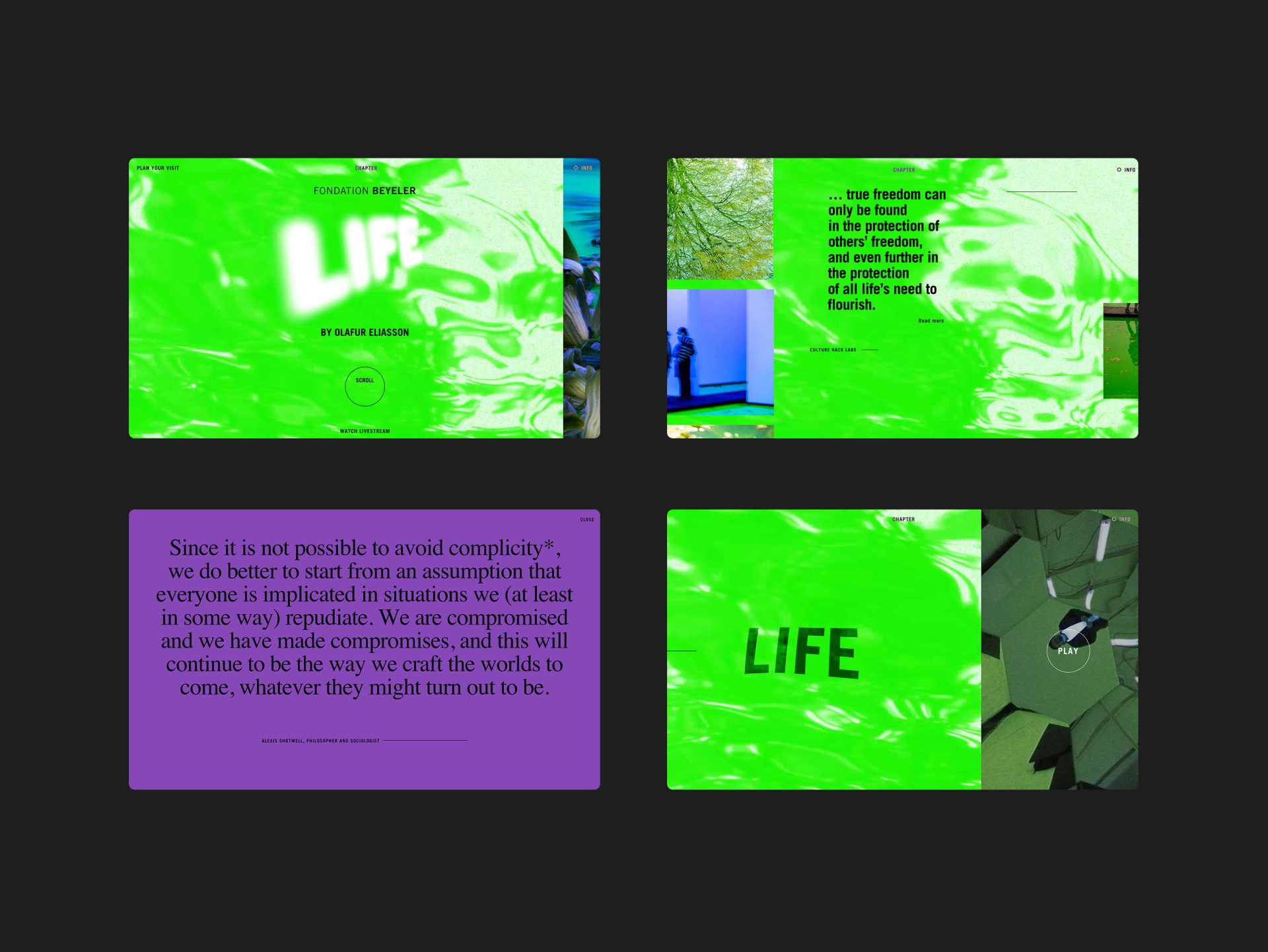 Kreatives Layout mit grünen und lila Elementen. Text über das Leben und Erfahrungen in einer modernen Präsentation.