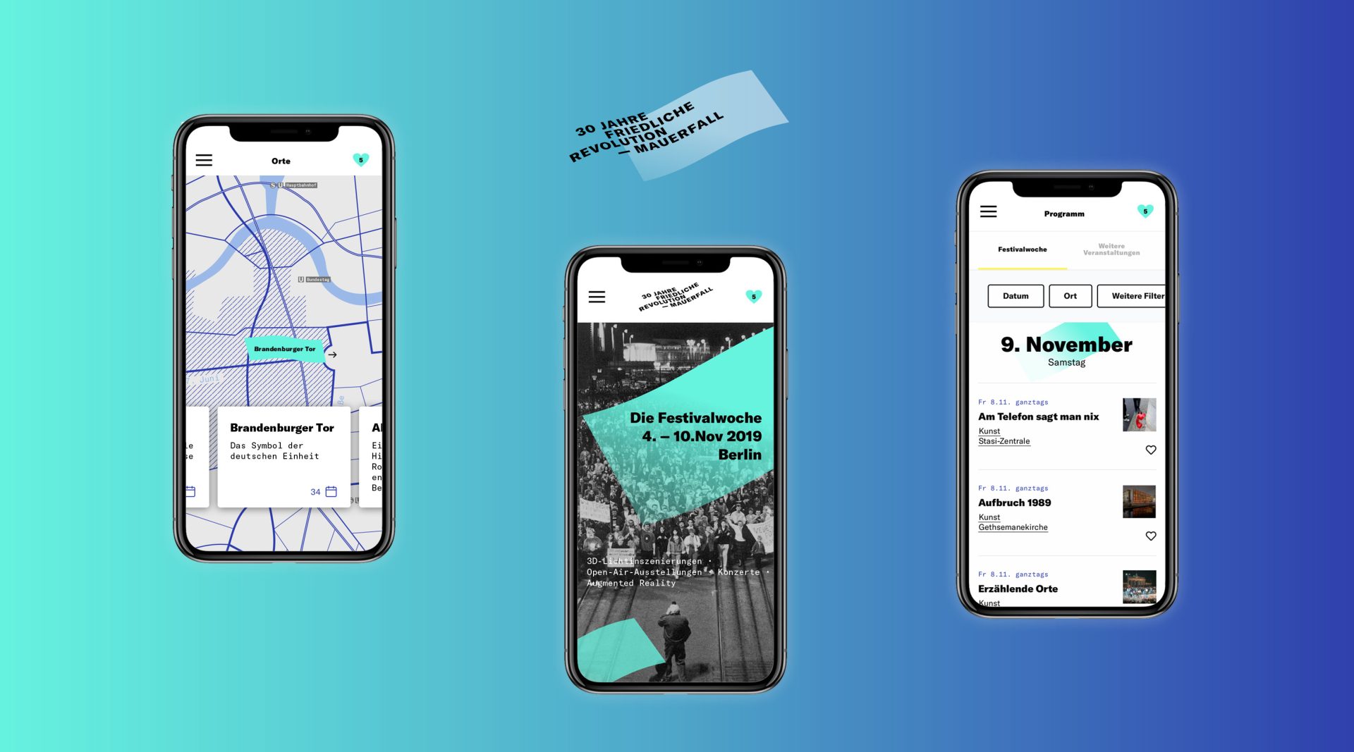 Drei Smartphones zeigen unterschiedliche App-Designs, darunter Karten, Nachrichten und eine Benutzeroberfläche.
