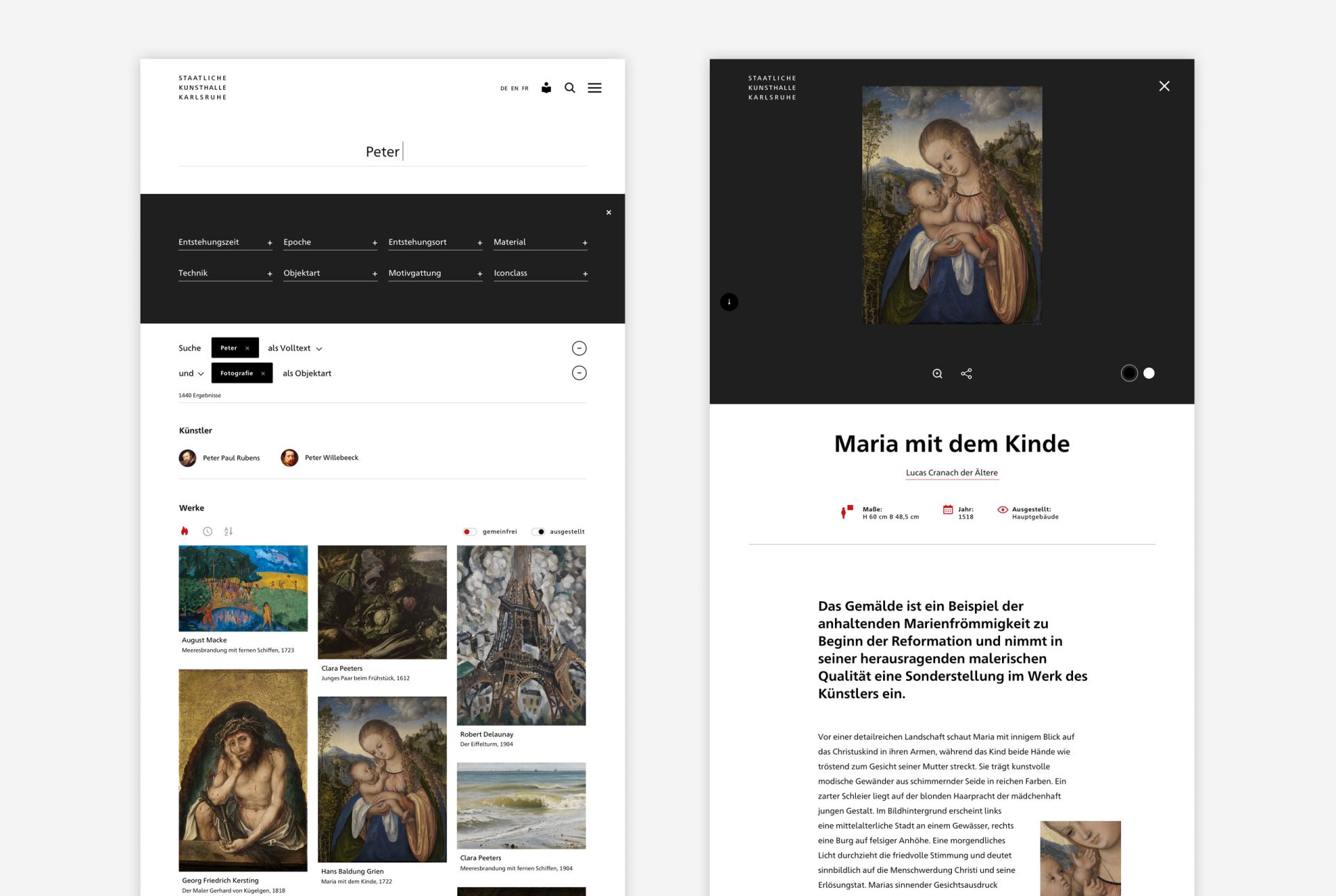 Benutzeroberfläche mit Bildern und Textdetails zu "Maria mit dem Kinde". Links Galerie, rechts Bildbeschreibung.