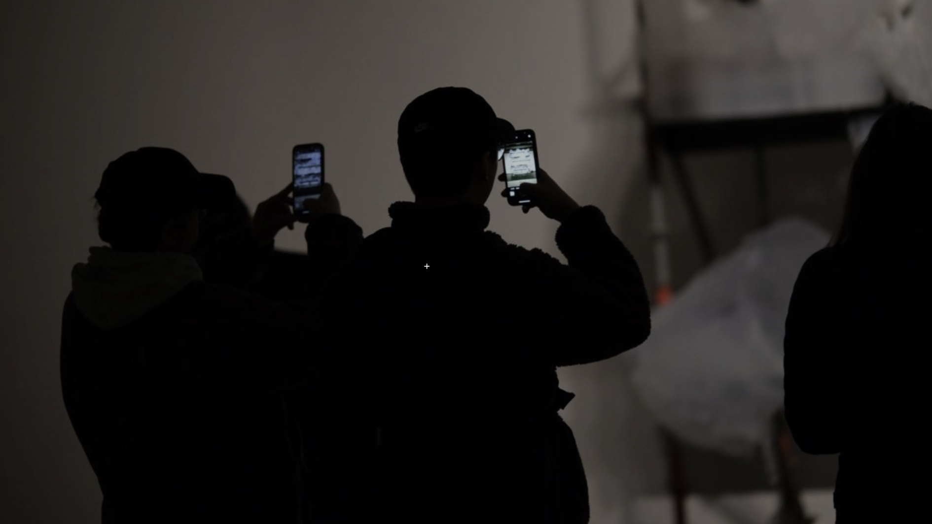 Dunkle Silhouetten von Personen, die mit Smartphones eine Kunstinstallation festhalten.
