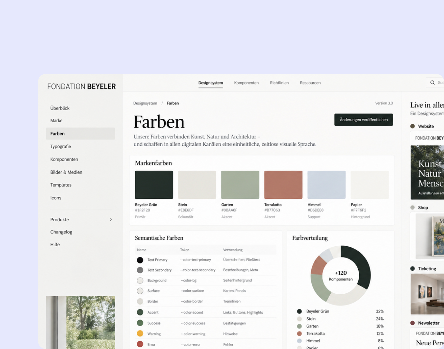 Screenshot der Farbseite des Designsystems der Fondation Beyeler mit Farbpalette und semantischer Farbnutzung.
