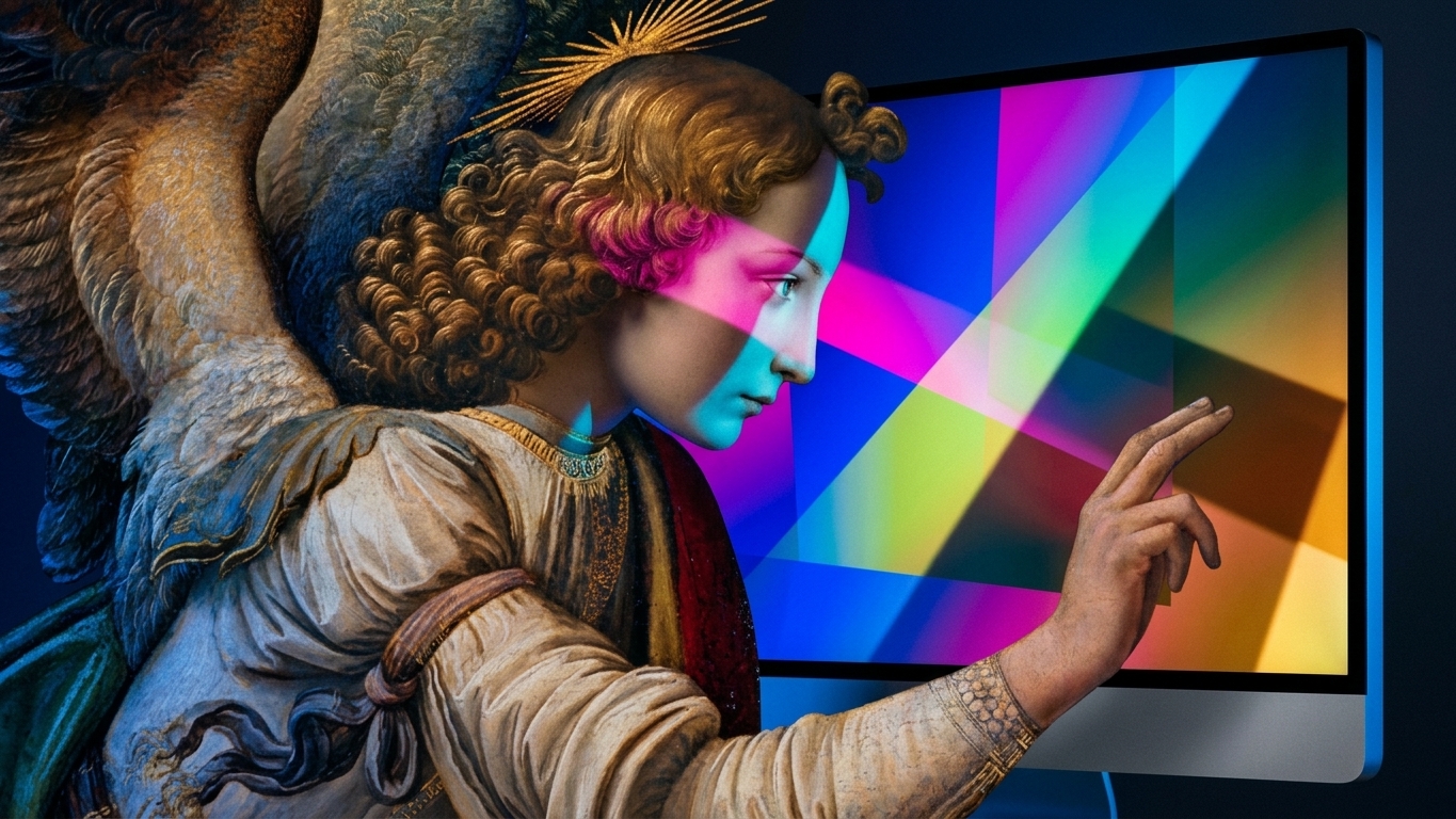 Engel mit buntem Hintergrund berührt einen Computerbildschirm. Vereint moderne und historische Elemente.