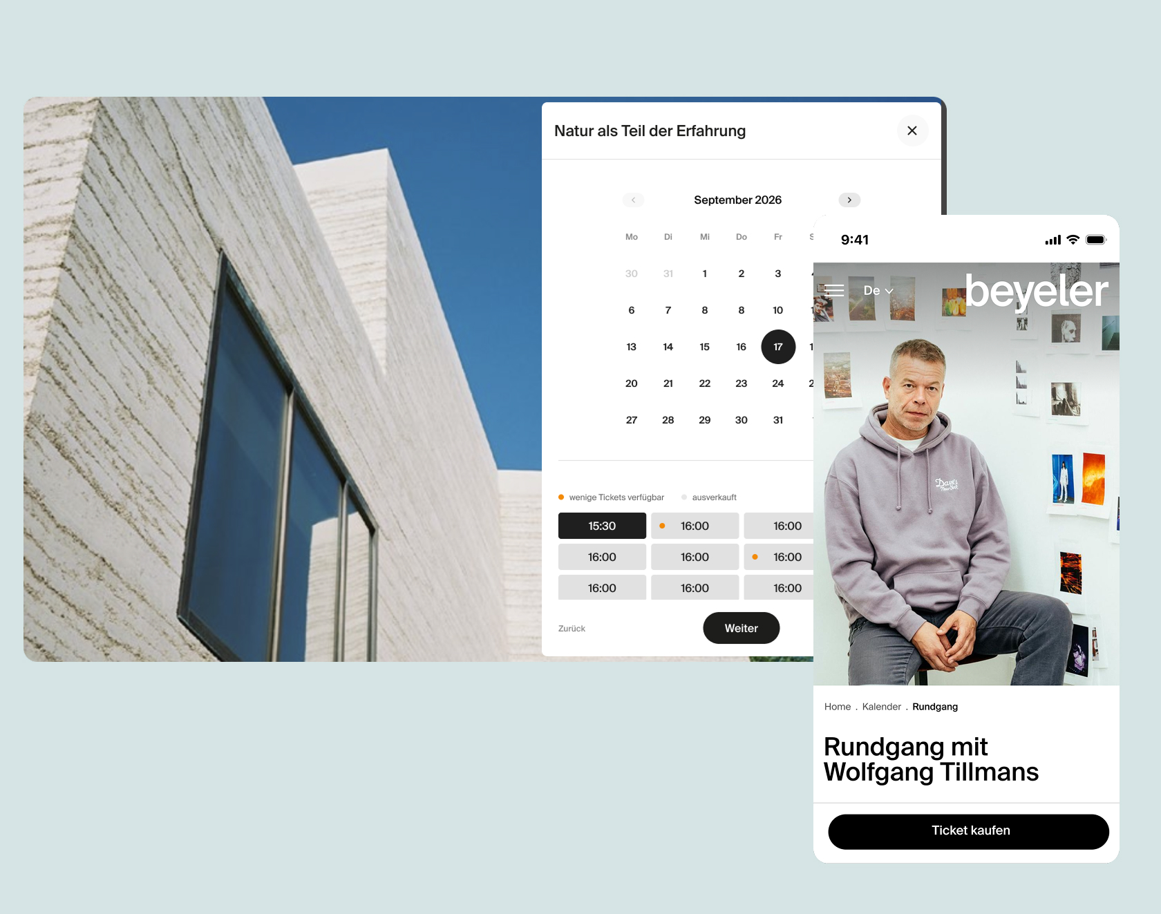 Bild zeigt eine Architekturansicht mit einem Kalender und der Ticketkauffunktion für eine Veranstaltung mit Wolfgang Tillmans.
